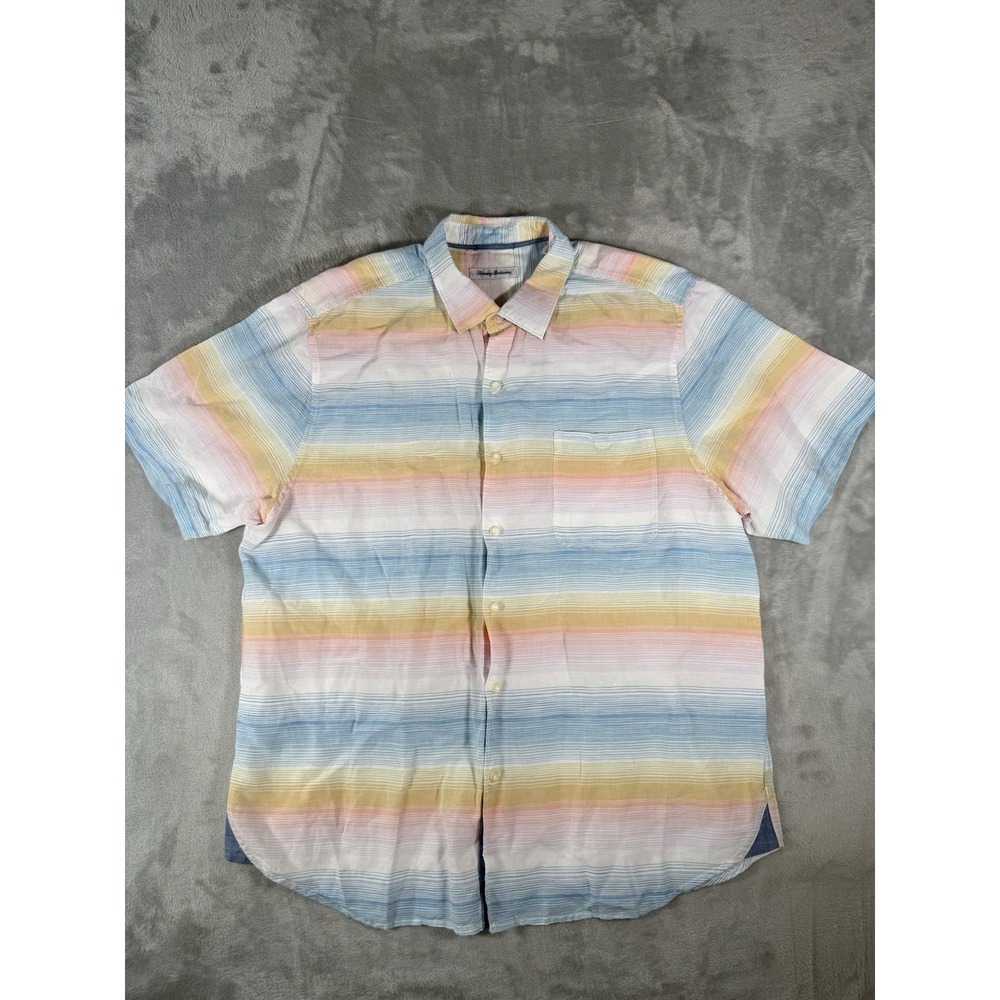 Tommy Bahama Shirt Mens XL Hawaiian Striped Short Sleeve Button Up Linen